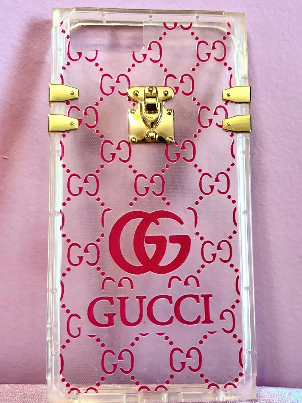 Gucci Logo Pattern Clear/Pink Phone Case with Golden Accents — iPhone 6,7,8 PLUS